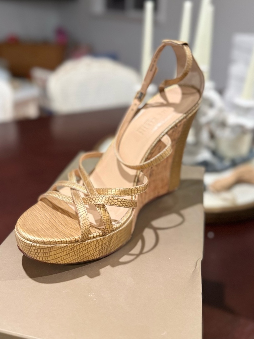 Anne Klein Gold Textured Cork Wedge Sandals